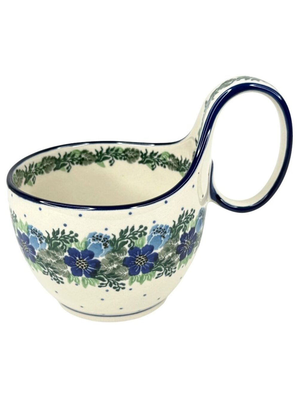 Boleslawiec Ceramika Art Polish Pottery Bowl With Loop Handle Blue Floral Soup - Picture 5 of 10